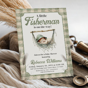 Invitation Pet Pêcheur Gingham Garçon Pêche Bébé Naissance