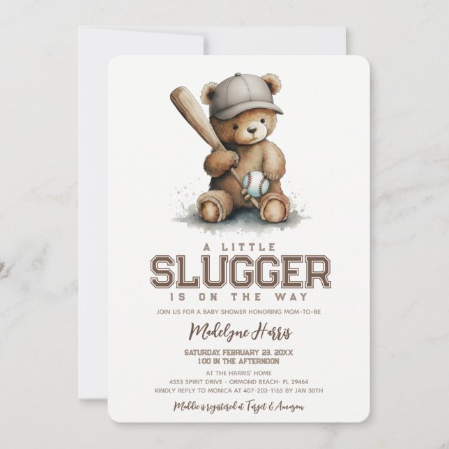 Invitation Pet Slugger Teddy Baseball Neutral Baby Shower (Devant)