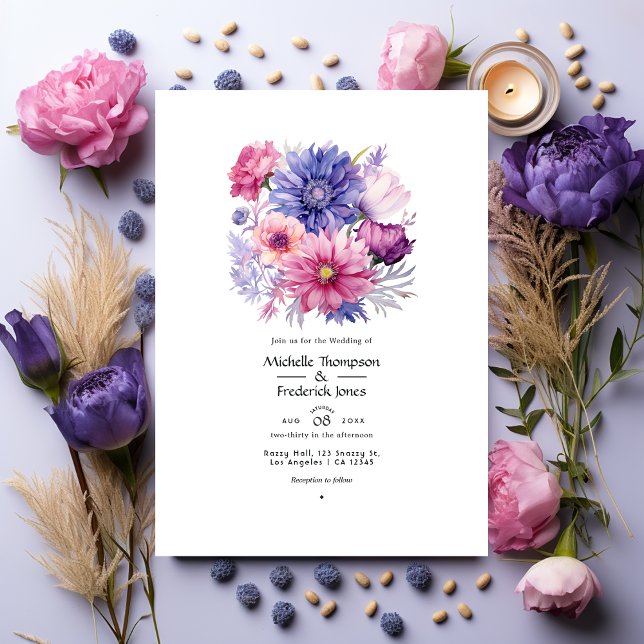 Invitation Pétal rose, Cornflower bleu et Mariage floral mauv (Créateur téléchargé)