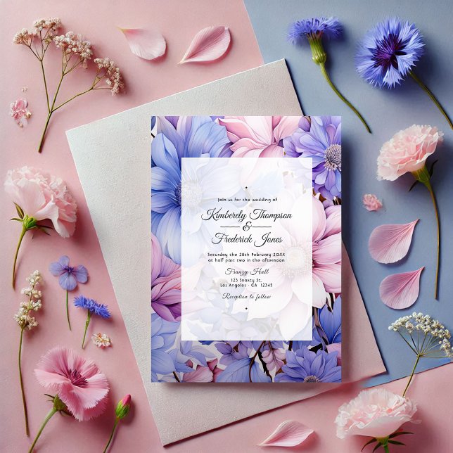 Invitation Pétal rose, Cornflower bleu et mauve violet Mariag (Petal Pink, Cornflower Blue & Mauve Purple Wedding Invitation)