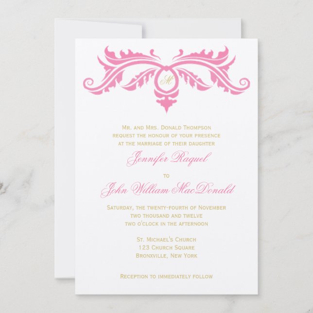 Invitation Pétale rose et or défiler sur papier à feutre ivoi (Devant)