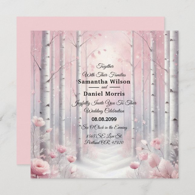 Invitation Pétales congelés dans un Mariage de bois hivernal (Devant / Derrière)