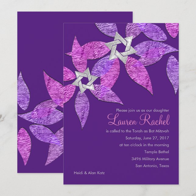 Invitation Pétales couleur bat mitzvah rose et violet (Devant / Derrière)