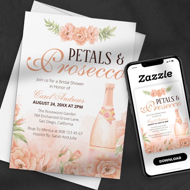 Invitation Pétales de Fleurs de Pêcher & Prosecco à la Fête d (Créateur téléchargé)