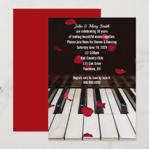 Invitation Pétales de rose rouge sur piano 30e anniversaire