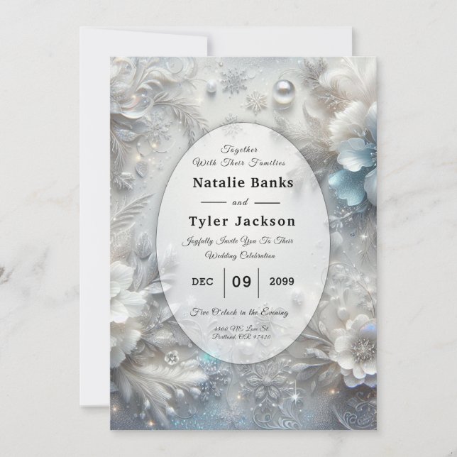 Invitation Pétales enneigés en fleurs gelées de mariage (Devant)