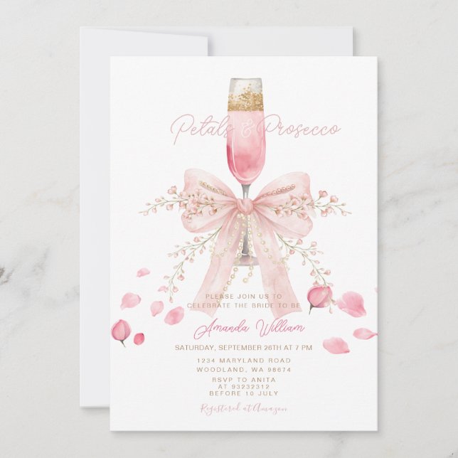 Invitation Pétales et Prosecco Blush Bow Pétales Mariage (Devant)
