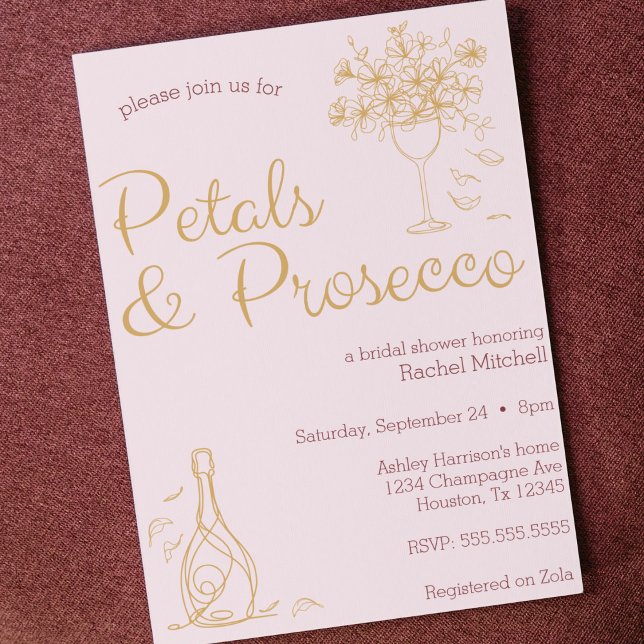 Invitation Pétales et Prosecco Ligne rose Fête des mariées d' (Petals and Prosecco bridal shower lingerie shower bachelorette party invitation pink invite line art)