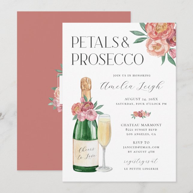 Invitation Pétales et prosecco rose floral (Devant / Derrière)
