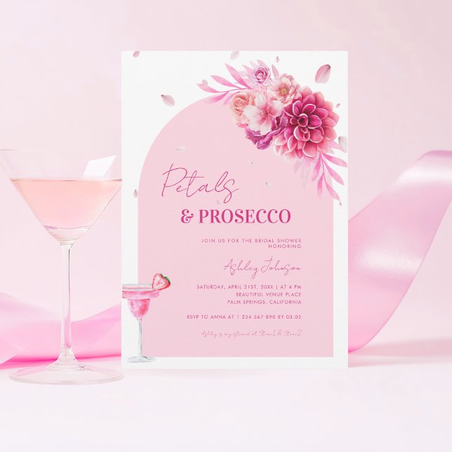 Invitation Pétales et Prosecco Script rose Fête des mariées f (Créateur téléchargé)