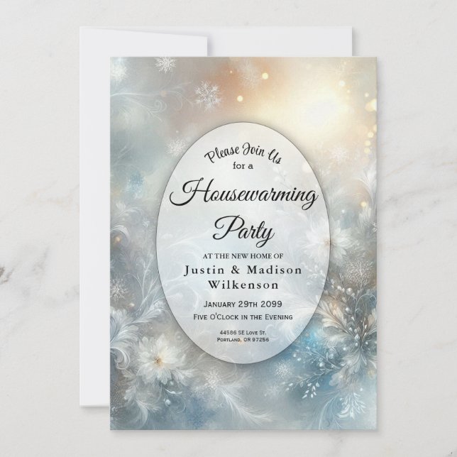 Invitation Pétales Gelés dans une Maison Dorée pour une Fête  (Devant)