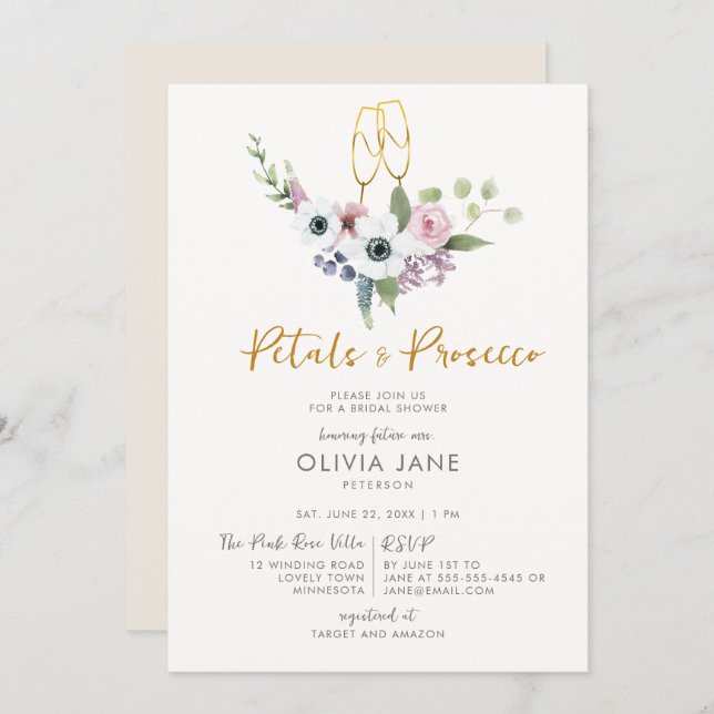 Invitation Pétales Prosecco Anemones Gold Bubbly Fête des mar (Devant / Derrière)