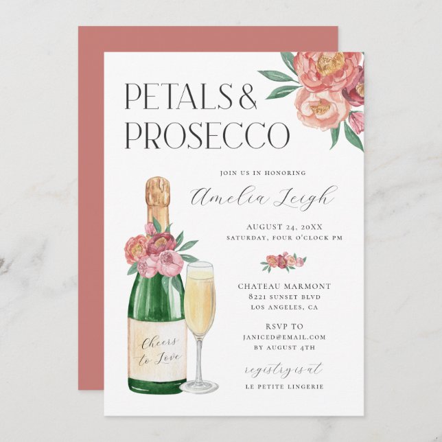 Invitation Pétales & Prosecco Rose Floral (Devant / Derrière)