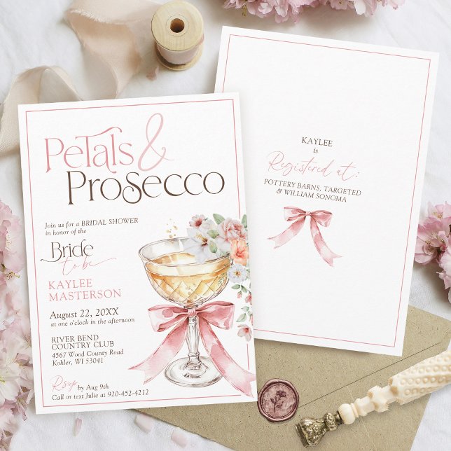 Invitation Petals and Prosecco Floral Champagne Bridal Shower (Petals and Prosecco pink watercolor coquette elegant floral champagne coupe bridal shower invitation)