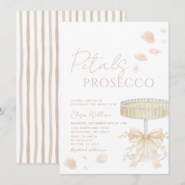 Invitation Petals and Prosecco Ivory Bow Bridal Shower  (Devant / Derrière)