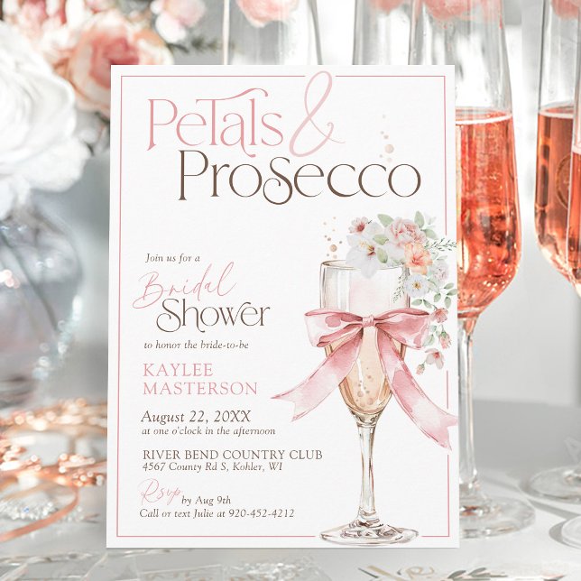 Invitation Petals and Prosecco Pink Floral Bridal Shower (Petals and Prosecco Watercolor floral champagne pink coquette bow elegant bridal shower invitation)