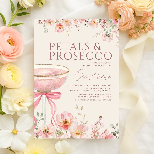 Invitation Petals & Prosecco Blush Pink Bow Bridal Shower  (Créateur téléchargé)