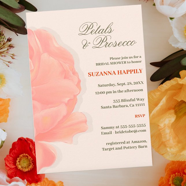 Invitation Petals & Prosecco Floral Blush Pink Bridal Shower (Petal and Prosecco Floral Pink Bridal Shower Invitations.)