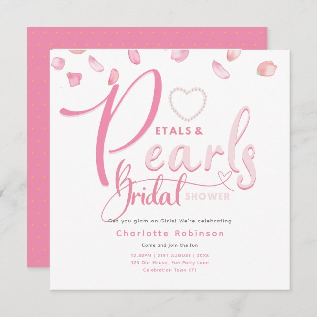 Invitation PETAUX ET PERLES Fête des mariées Chic Glam rose (Devant / Derrière)