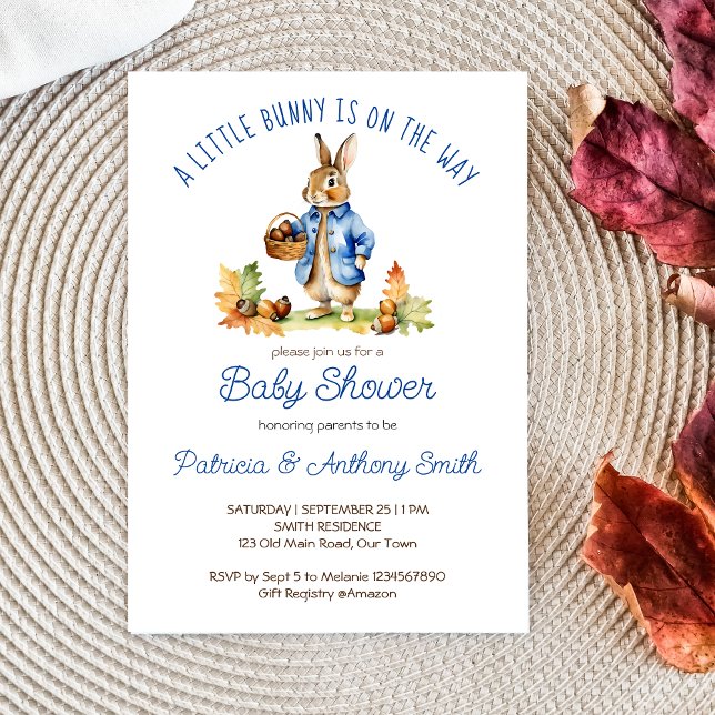 Invitation Peter lapin avec des glands baby shower d'automne (Peter rabbit fall themed baby shower template invitation digital download a cute bunny blue jacket)