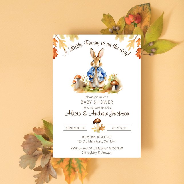 Invitation Peter lapin chute thème baby shower modèle (Peter rabbit fall themed garden baby shower template invitation digital download cute bunny jacket)