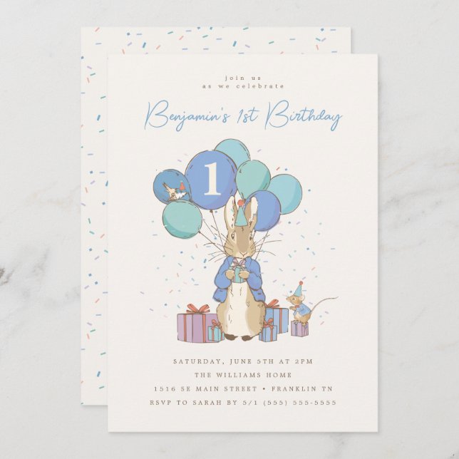 Invitation Peter Rabbit 1er anniversaire Confetti bleu (Devant / Derrière)