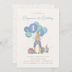 Invitation Peter Rabbit 1er anniversaire Confetti bleu