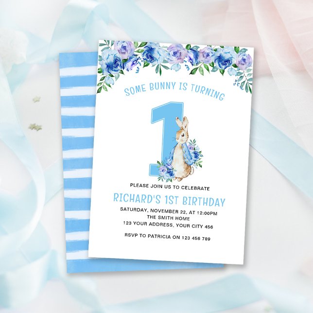 Invitation Peter Rabbit 1er anniversaire Floral bleu (Créateur téléchargé)