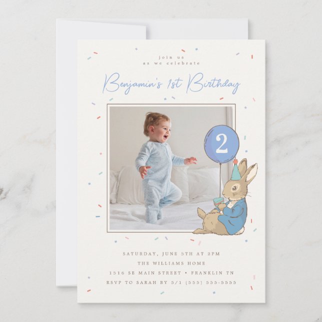 Invitation Peter Rabbit Boy's Birthday BlueConfetti - Photo (Devant)