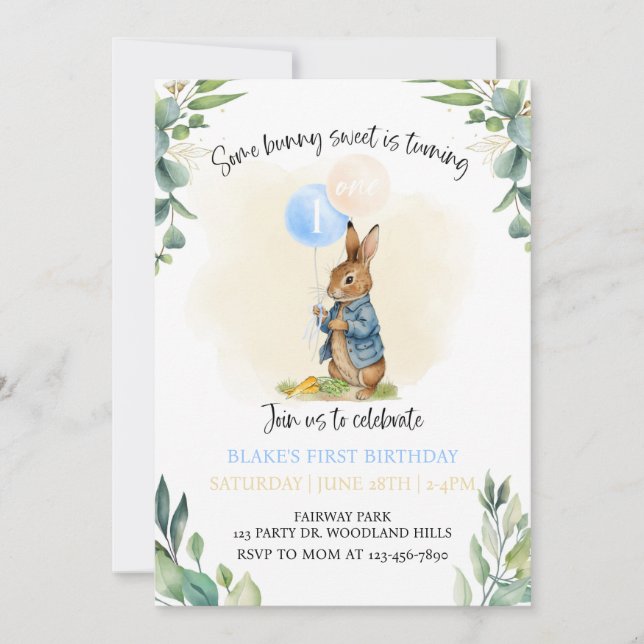 Invitation Peter Rabbit Premier Anniversaire, Bunny, 1er Anni (Devant)