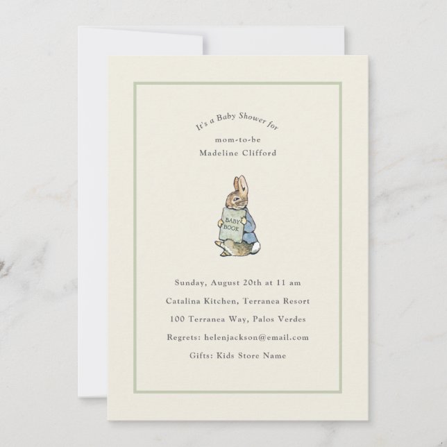 Invitation Peter Rabbit Sage Green Baby shower Vintage (Devant)