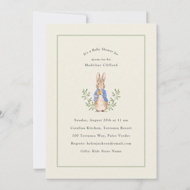 Invitation Peter Rabbit Sage Green Baby shower Vintage (Devant)
