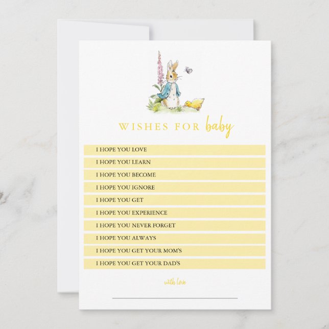 Invitation Peter Rabbit Souhaite pour le Baby shower jaune bé (Devant)