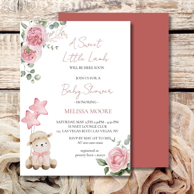 Invitation Petit Agneau doux baby shower rose Mauve (Créateur téléchargé)