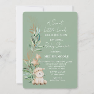 Invitation Petit Agneau doux vert baby shower vert sauge