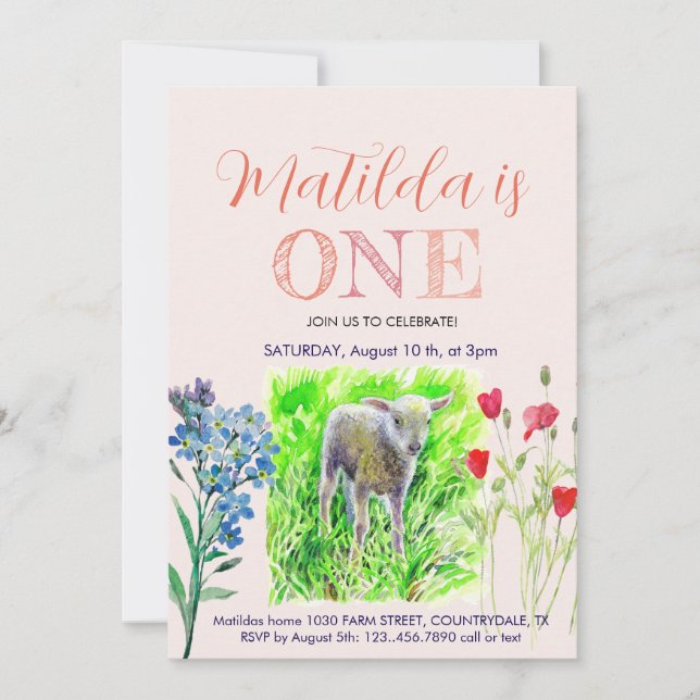 Invitation Petit agneau et fleurs sauvages (Devant)