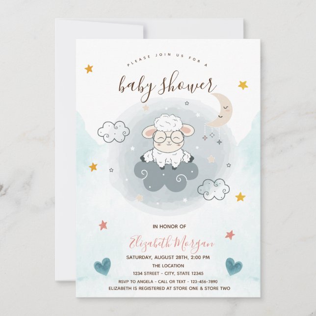 Invitation Petit agneau Mouton Nuage Lune Étoiles Baby shower (Devant)