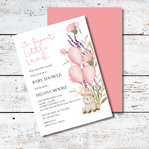 Invitation Petit agneau rose doux ballon fleur sauvage