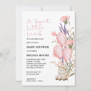 Invitation Petit agneau rose doux fleur sauvage de ballon