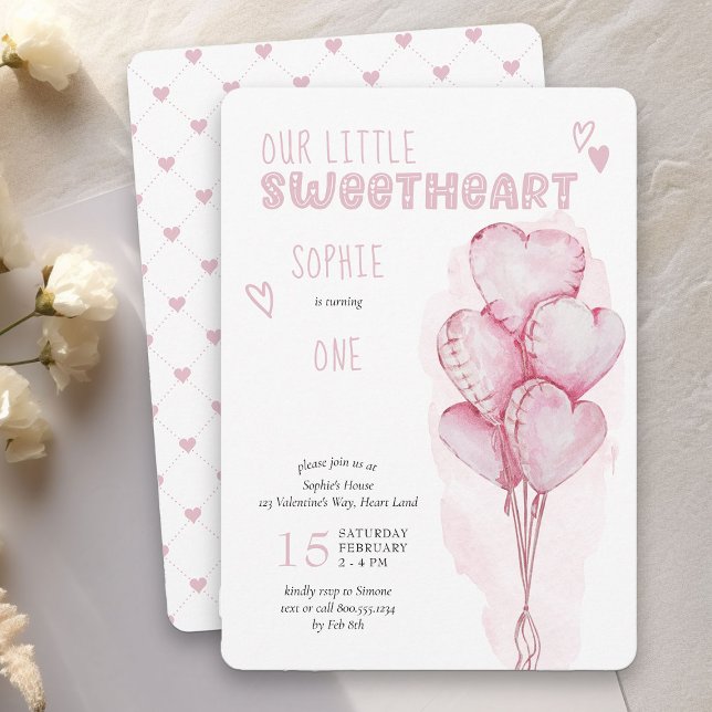 Invitation Petit Amour Coeur Rose Ballons 1er Anniversaire (Little Sweetheart Girls Birthday Invitation - order printed or as printable instant download)