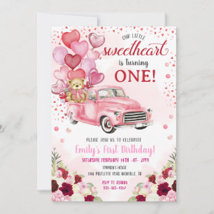 Invitation Petit Amour Ours Rose Coeurs Camion Anniversaire