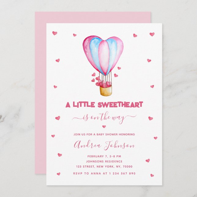 Invitation Petit Amoureux Hot Air Balloon Girl Baby shower (Devant / Derrière)