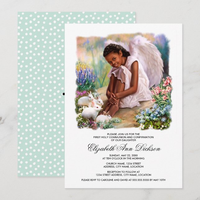 Invitation Petit Ange avec lapins Sainte Communion (Devant / Derrière)