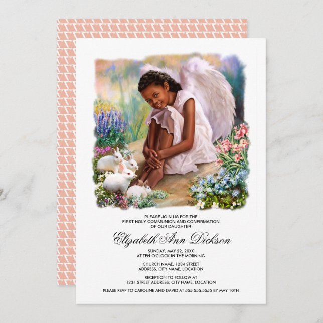 Invitation Petit Ange avec lapins Sainte Communion (Devant / Derrière)