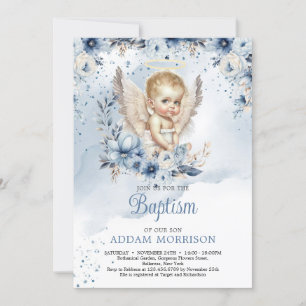 Invitation Petit ange garçon et couronne florale bleu poussié