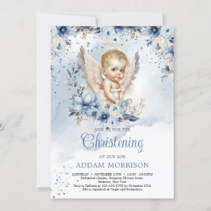 Invitation Petit ange garçon et couronne florale bleu poussié