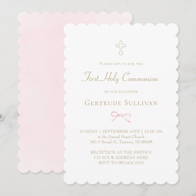 Invitation petit arc rose | Première sainte communion (Devant / Derrière)