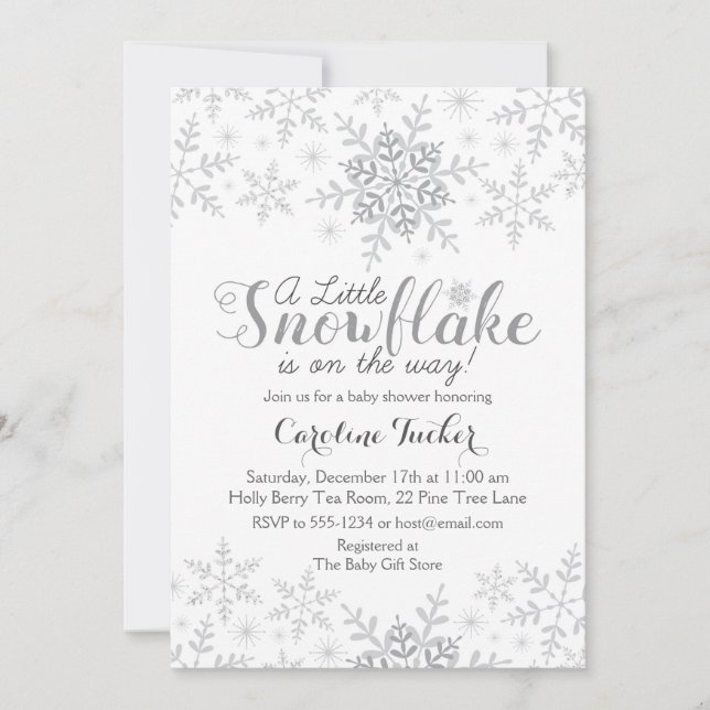 Invitation Petit Baby shower à flocons de neige gris argenté (Devant)
