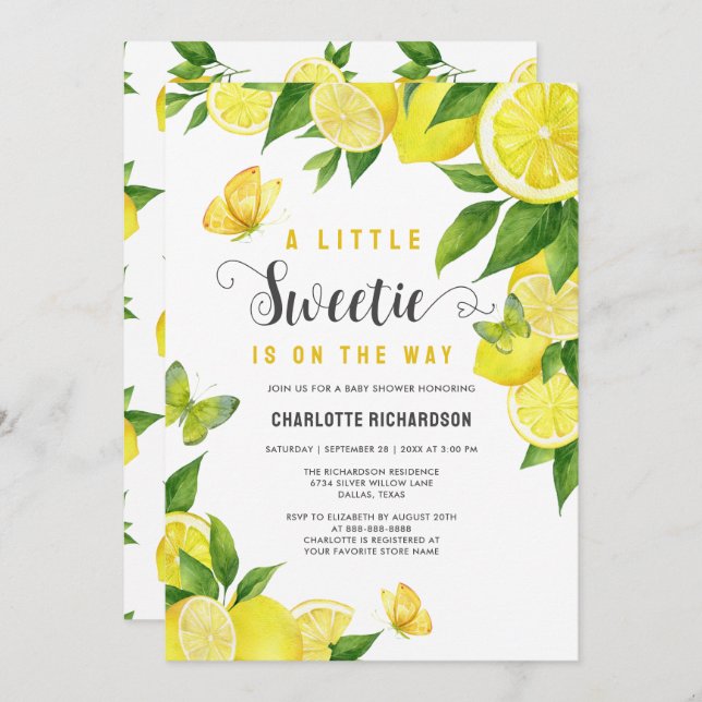 Invitation Petit Baby shower aux agrumes de citron doux (Devant / Derrière)