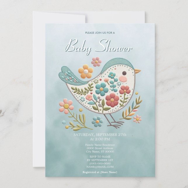 Invitation Petit Baby shower aux fleurs roses Bleues d'oiseau (Devant)